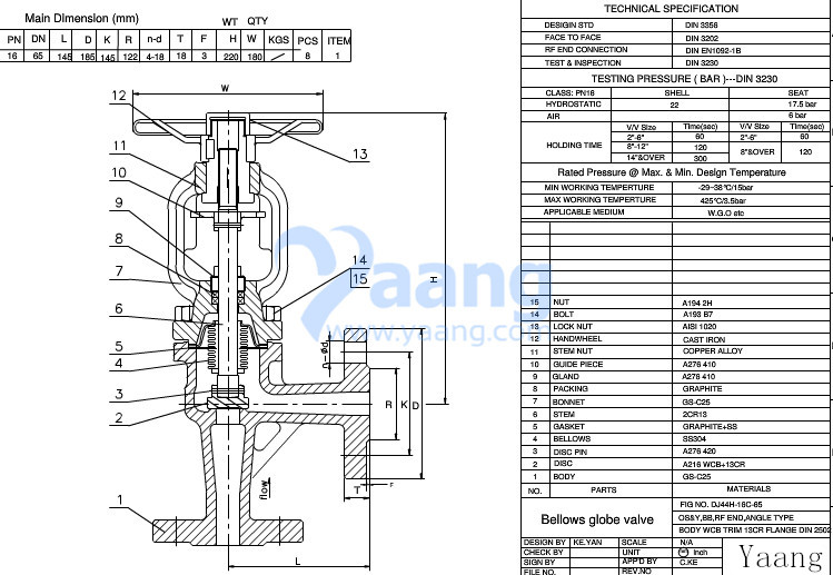DIN Angle Bellows Globe Valve Drawing