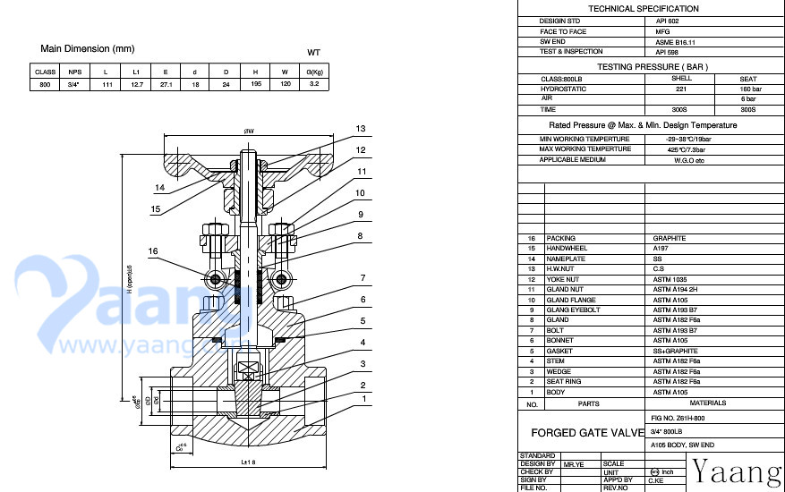 Forged Gate Valve 800LB Drawing
