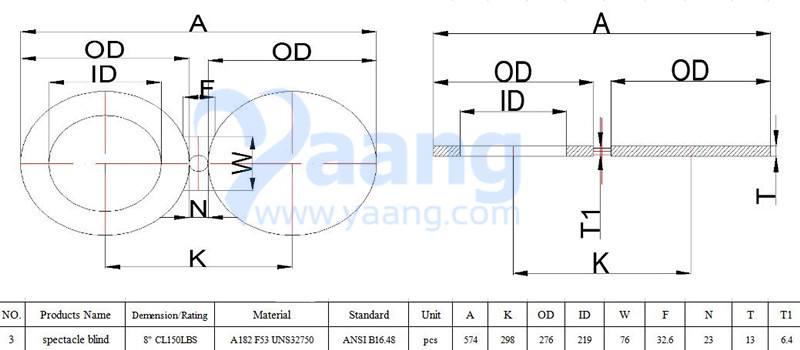 A182 ANSI B16.48 F53 Spectacle Blind Flange 8 Inch CL150 FF Drawing