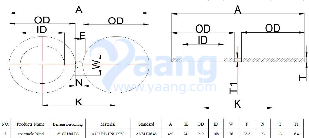 A182 ANSI B16.48 F53 Spectacle Blind Flange 6 Inch CL150 FF Drawing
